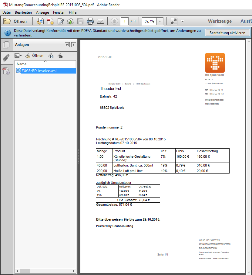 Screenshot eines Acrobat Adobe PDF Reader der eine ZUGFeRD-Rechnung mit geöffnetem Reiter für Dateianhänge zeigt